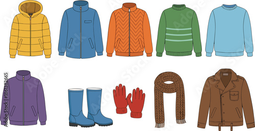 Set of winter clothing vector illustrations including jackets coats boots gloves and scarf