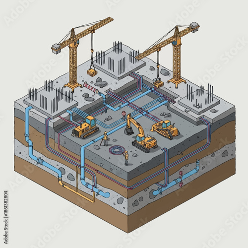 Construction Site Isometric View with Cranes and Excavators.