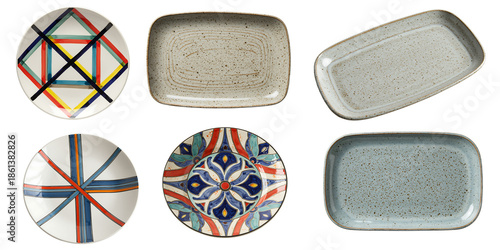 six different colorful plates on white background