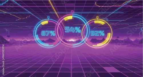Retro-Futuristic Synthwave Background with Three Glowing Neon Circular Data Indicators