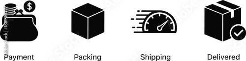 Black silhouette icon set representing e-commerce delivery process including payment packing shipping and delivered symbols