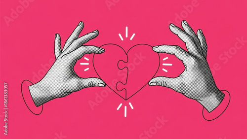 Two hands connecting two puzzle pieces forming a heart shape, symbolizing love, connection, and partnership, in a retro halftone illustration style against a vibrant pink background.