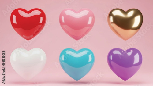 Six glossy 3d hearts in various colors red, pink, gold, white, cyan, and purple, set against a soft pink background.