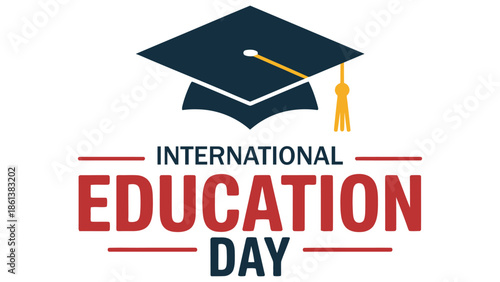 International education day typography illustration with graduation cap and tassel for global learning awareness academic celebration isolated on white background