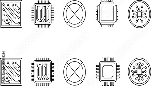 Detailed semiconductor icon set featuring minimalist black outline illustrations of computer processors circuit boards and high-tech electronic components