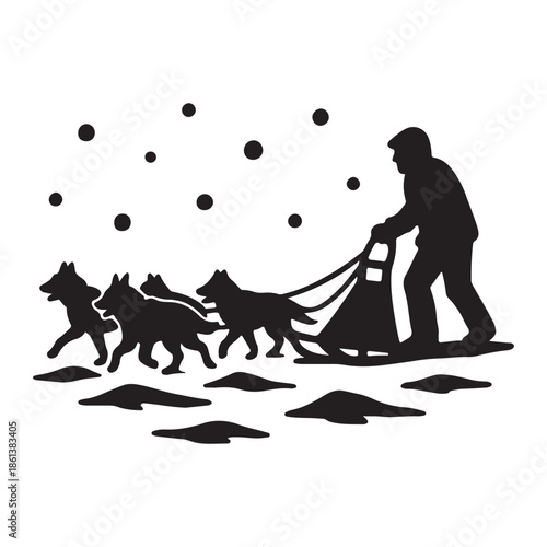 Dynamic illustration of a musher guiding a dog sled team through a snowy landscape, showcasing the thrilling winter sport and the bond between human and animal in a challenging environment