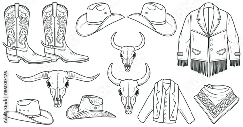 Western Wear and Accessories Boots, Hats, and Jackets Illustrations