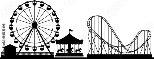 Amusement Park Skyline Silhouette Featuring Ferris Wheel Roller Coaster and Carousel Rides for Carnival Theme Park Entertainment and Summer Vacation Designs (21 words)