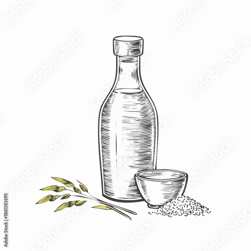 Vintage engraving illustration of sake bottle with cup and rice grains. Hand-drawn etching style with fine lines, isolated on clean background, ideal for packaging or branding.