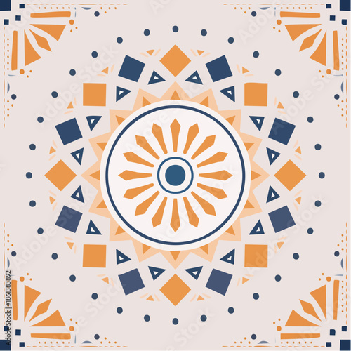 Motif d’Émail Décoratif : Rosace Colorée et Symétrique, bleu, orange