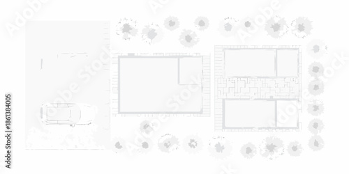 Architectural plan showing building footprints landscape and a vehicle s location