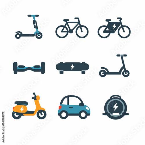 Electric transportation icons: scooter, bicycle, hoverboard, skateboard, car