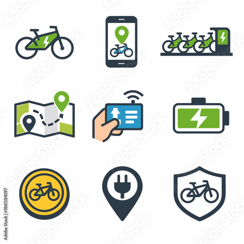 Electric bike sharing and charging icons with map and location elements