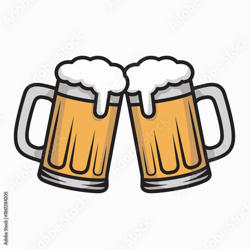 Two cartoon beer mugs clinking together in a cheerful toast, symbolizing celebration and good times with friends