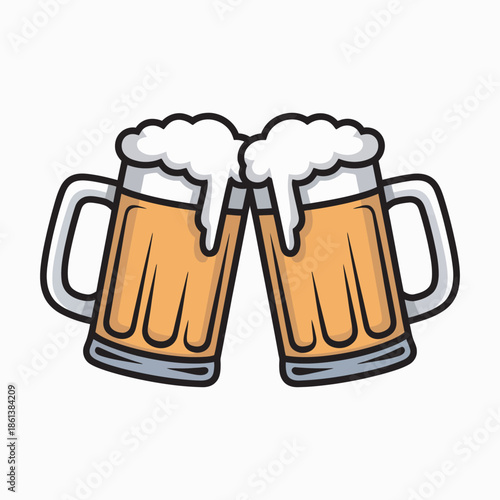 Vibrant cartoon illustration of two frothy beer mugs clinking together in a joyful toast, symbolizing celebration, friendship, and festive occasions