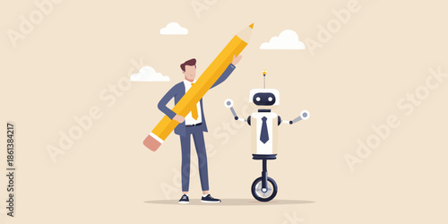 Collaboration between a businessman and a robot with a large pencil