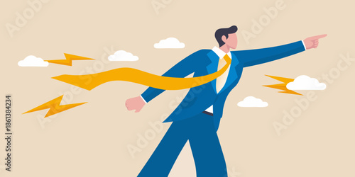 A businessman celebrates success running with a ribbon and lightning bolts