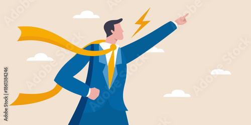 A male superhero with a cape points upwards with determination and power