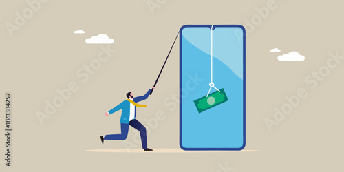 Man attempting to catch money dangling from a smartphone with a fishing rod