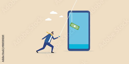 Man pulling money from a smartphone with a rope digital finance concept