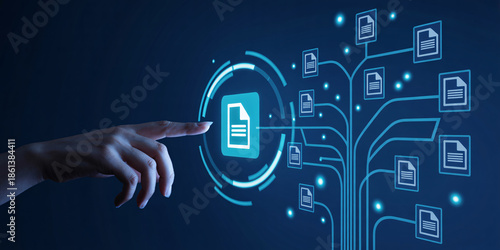 Hand interacting with digital document network system
