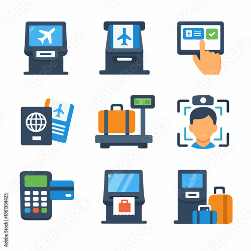 Airport security and check-in icons: passport, luggage, boarding pass, facial scanning