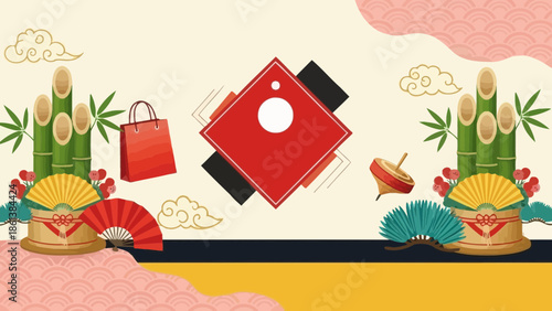 Festive japanese new year background with traditional decorations illustration