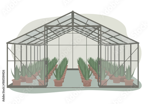 Vibrant indoor garden showcasing healthy potted plants within a modern glass greenhouse structure