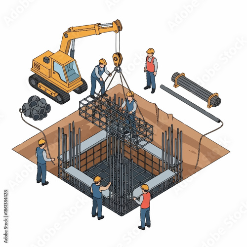 Construction workers building foundation with crane and rebar.