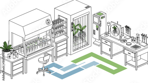 Scientific laboratory setup for plant research and cultivation, featuring growth chambers and sterile workstations
