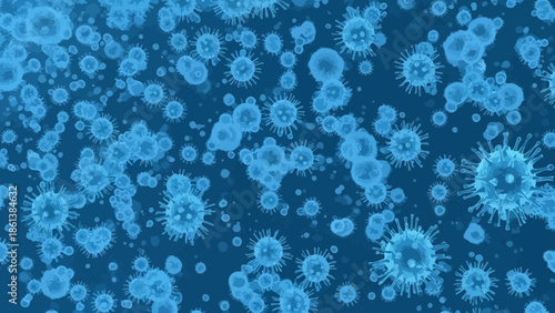 Detailed illustration of coronavirus cells on a dark blue background depiction