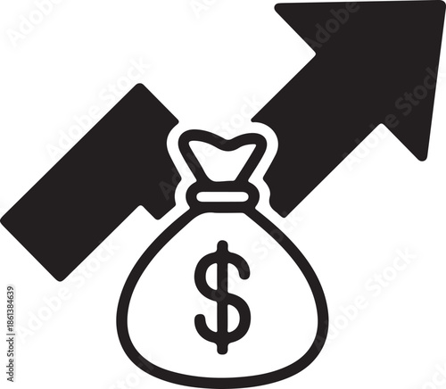 Financial growth depicted with a money bag and upward pointing arrow icon