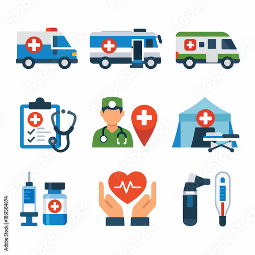 Medical services icons set - ambulance, doctor, clinic, equipment