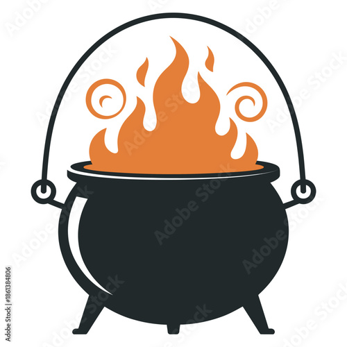 Mysterious black cauldron with dancing orange flames, ideal for magic potions or warm festive brews