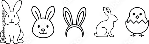 Easter Outline Icons Set with Bunny Eggs and Chick Simple Line Vector Illustration