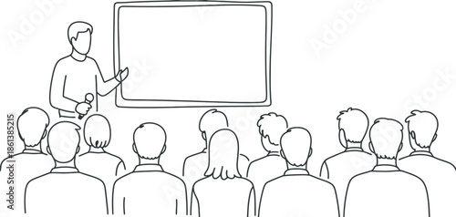 Engaging business presentation or educational seminar with a speaker addressing a seated audience in a conference room