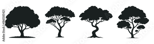Set of various silhouette trees on a white background