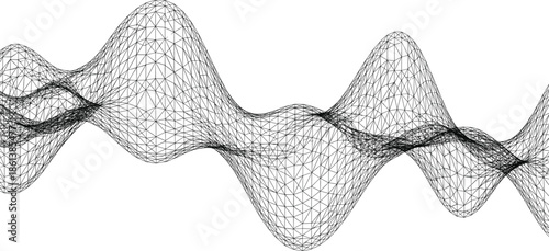 Abstract 3D wireframe mesh wave with complex geometric triangular grid lines in technical black and white line art vector.