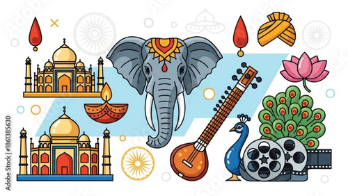 Indian culture elements, elephant, peacock, taj mahal, traditional instruments, and diyas, symbolizing heritage and spirituality, vibrant illustration