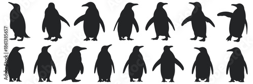 Comprehensive set of black penguin silhouettes in various dynamic poses, great for design and educational purposes