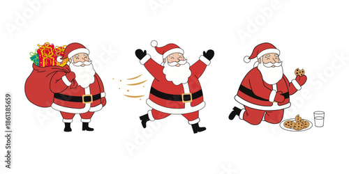 Cute cartoon Santa Claus set showing different poses with gift bag, running, and eating cookies. Fun Christmas character illustration, isolated on white, perfect for holiday designs.