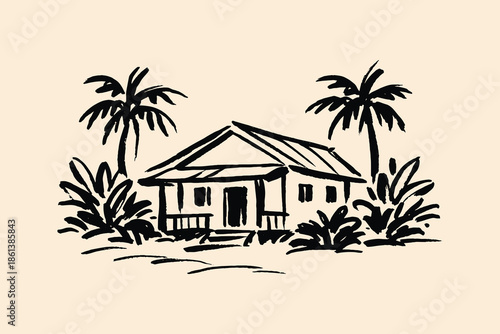Tropical house with palm trees ink sketch vector illustration