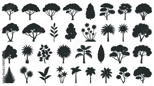 Collection of black tree silhouettes on white background, graphic design elements