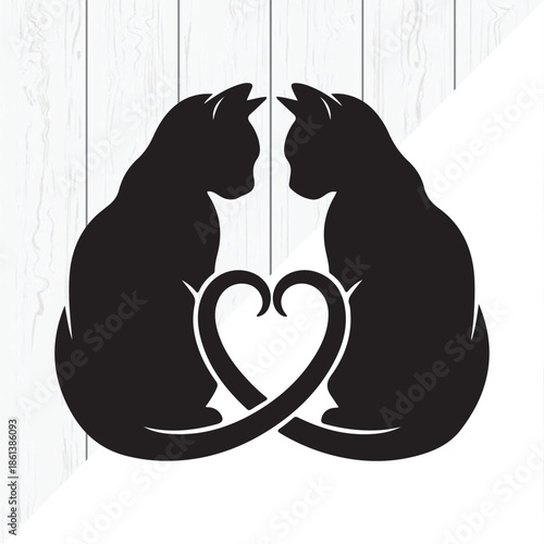 Cat Couple Silhouette with Heart Tail Love Illustration