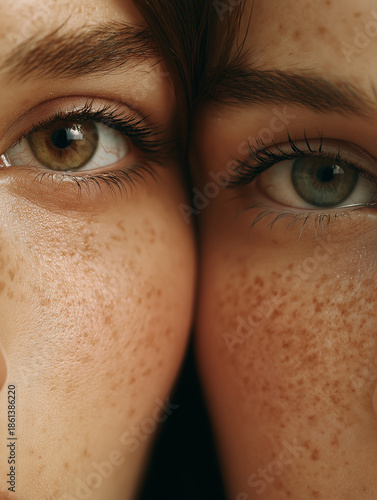 Extreme Close Up of Two Women with Freckles and Different Eye Colors Showing Natural Skin Texture and Beauty Details