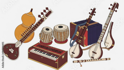 Traditional indian musical instruments collection including tanpura, tabla, harmonium, veena, and flute arranged together