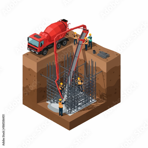Isometric Construction Site with Concrete Pouring and Workers.