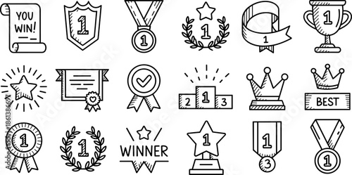 Hand Drawn Award Icon Set Featuring Trophy Medals Ribbons and Winner Pedestal Doodles for Success Achievement Competition and Business Recognition Marketing Designs