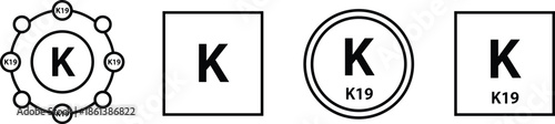 Solid and Outline Vector Icon Set Featuring Potassium Atomic Models and Periodic Table Symbols for Chemistry and Nutrition