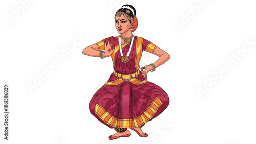 Traditional indian dancer in red and gold costume performing classical dance on white background